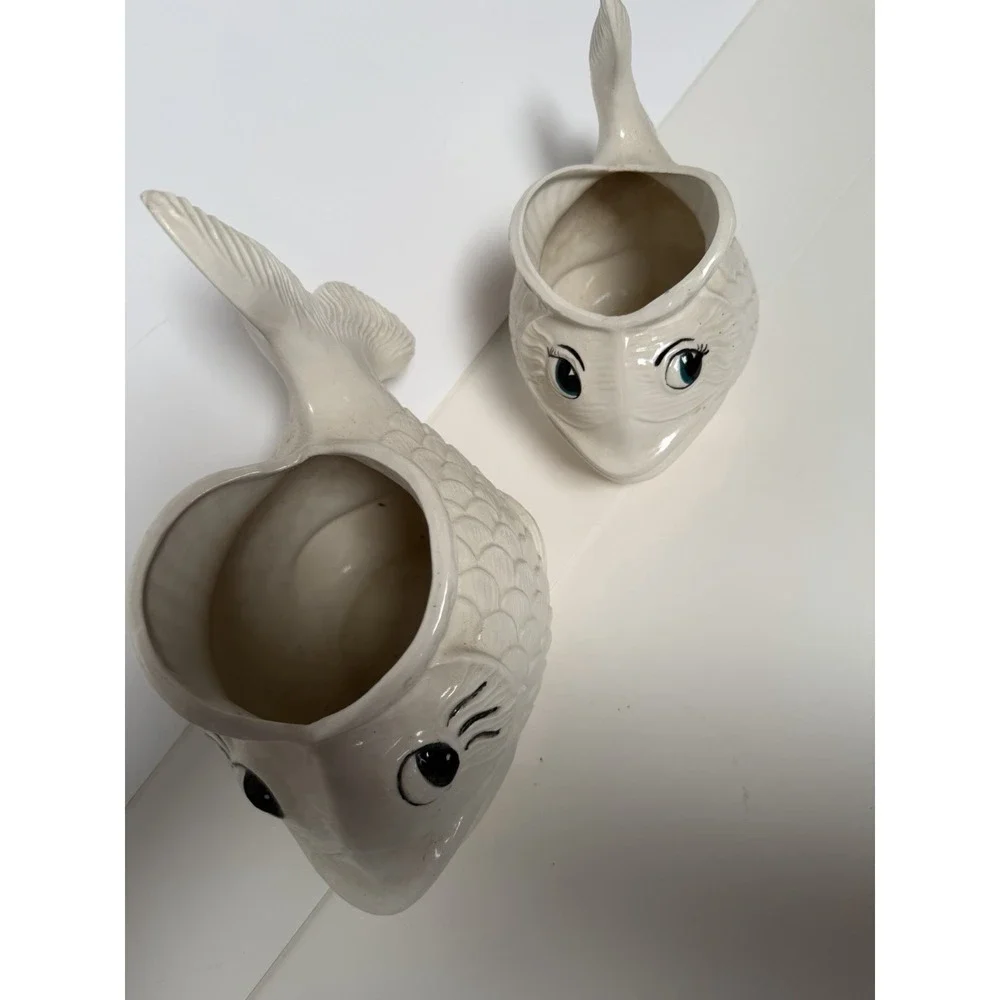 Vintage Ceramic White Fish Planter Pair Graduated Sizes MCM Koi Anthropomorphic - Picture 10 of 12